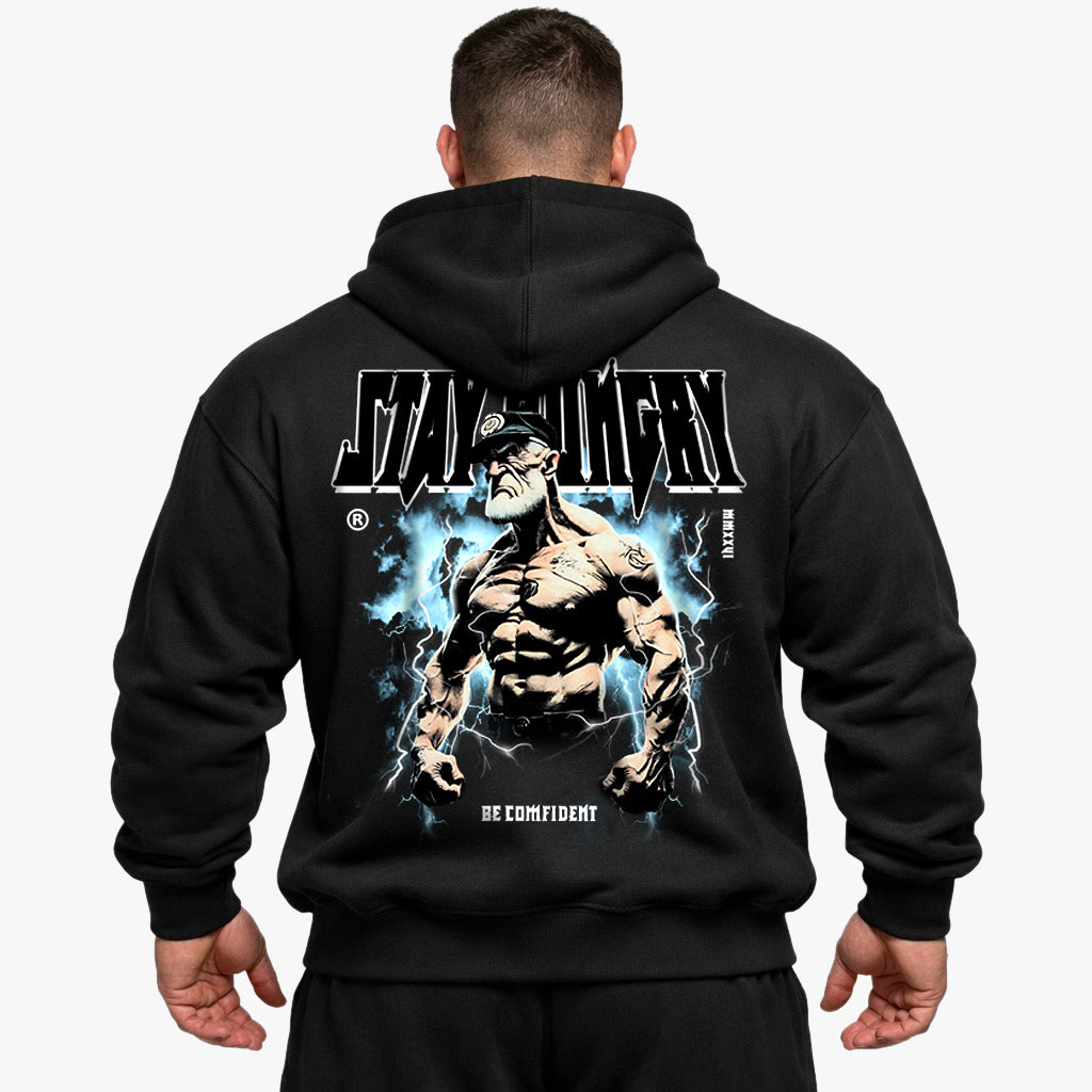 Blijf hongerig Oversized hoodie (achterafdruk).