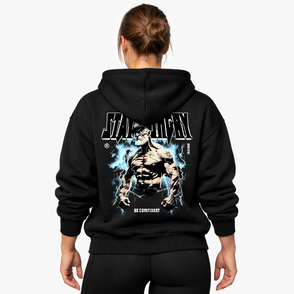 Blijf hongerig Oversized hoodie (achterafdruk).